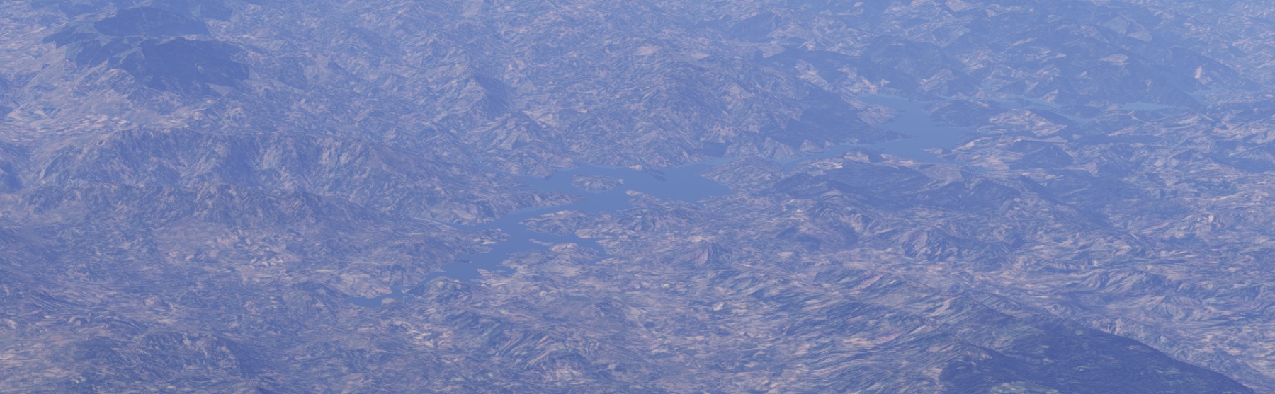 Un embalse de brazos ramificados, como un árbol, entre lomas secas y pardas.